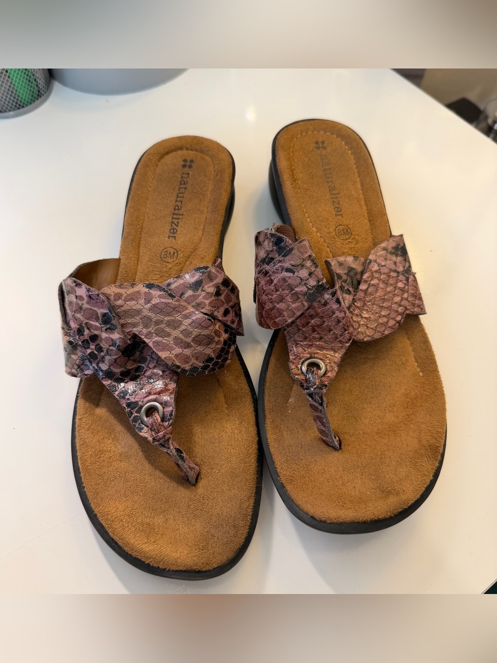 Naturalizer Braided Snake-Print Thong Sandals in Pink and Brown